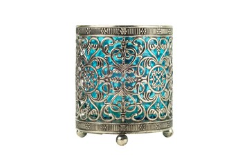 vintage metal wicker candlestick with a blue glass close-up isolated on a white background