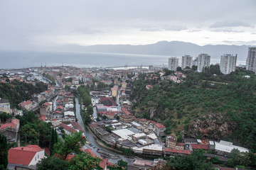 Rijeka Croatia city view from the top of the mountain Trsat Fortress rainy day and evening time