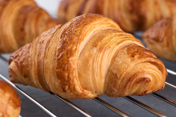 Metallic rack with fresh baked croissants on a gray background.