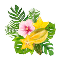 Tropical Bouquet With Fruits, Flowers, Leaves 
