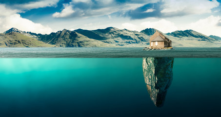 isolated house on an island in the middle of the bayf - Powered by Adobe