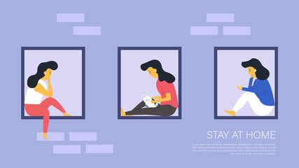 Self isolation from pandemic concept. Quarantine due to coronavirus. Prevent virus spreading and infections. Stay at home vector illustration.