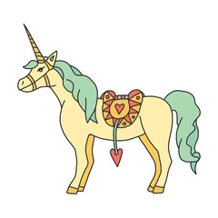 Unicorn yellow with a green mane and a cute saddle. Illustration clip art of a horse outlined on a white background. Cute pony in cartoon style for printing on t-shirts, design of children s products.