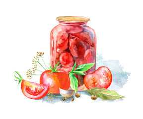 Glass of a canned tomato,pepper, garlic, bay leaf, dill and basil.Cooking ingredients.Watercolor hand drawn illustration.	
