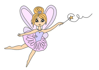 Little cute fairy in a pink dress with wings and a magic wand. Illustration clip-art fairy tale girl outlined on a white background. Cute girl in cartoon style for printing on t-shirts