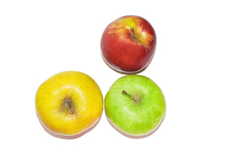 Red yellow and green apple on a white background