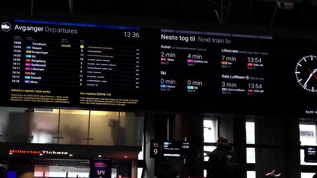 infoboard about cancelled trains due to COVID-19 lockdown, Oslo central station