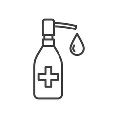Hand sanitizer icon. Image of a bottle with a dispenser and a drop of funds. Linear execution. Isolated vector on a white background.