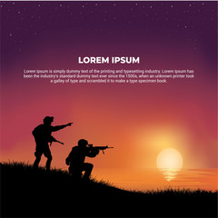 Silhouette Soldier shooting with gun in sunset background. War background with Soldier aiming target suitable for game background, poster and banner.
