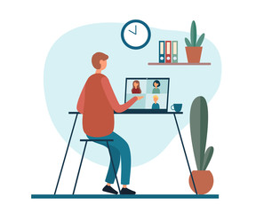 Fototapeta premium Man working remotely from house having video call