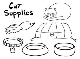 Outline cat supplies set. Hand drawn contour vector illustration. Pet lounger, bowl, toy, collar and cute sleepy kitten for coloring page, decoration, banners, print, cattery, veterinary, pet shop