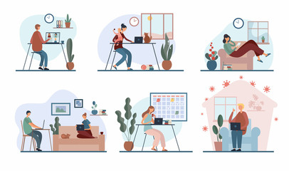 Set of cartoon people working remotely from home