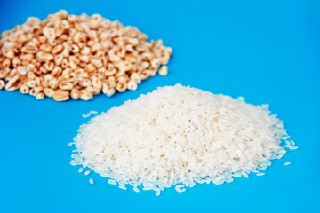natural white rice and airy sweet rice on a blue background