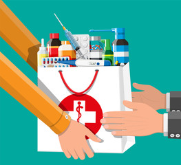Medicine collection in bag. Set of bottles, tablets, pills, capsules and sprays for illness and pain treatment. Medical drug, vitamin, antibiotic. Pharmacy delivery. Flat vector illustration