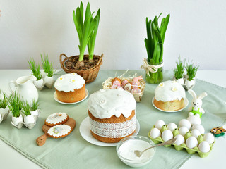 Easter sweet bread, Easter cake with green grass. Holidays breakfast concept with copy space. Easter greeting card template. Homemade pasques.Easter sweets on white background.