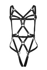 Subject shot of a black leather harness made of straps with rivets, lobster clasps and steel rings. The full-body harness belt is isolated on the white background. 