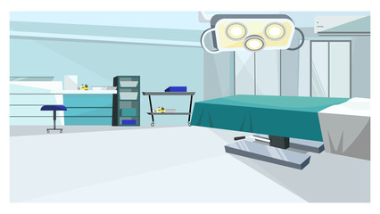 Surgery room with operating table with illustration. Modern operating room with lamp and counters. Hospital concept