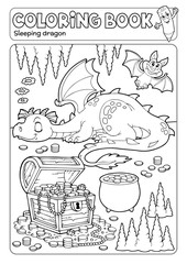 Coloring book dragon and treasure chest