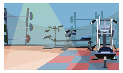 Naklejka premium Gym interior illustration. Workout equipment, fitness club, bars. Sport concept. Can be used for topics like active lifestyle, weight training, bodybuilding