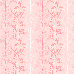 Seamless background with a delicate ornate pattern. Vertical stripes of coral and white twigs. Botanical pattern for fabric and other surfaces. Vector Floristics