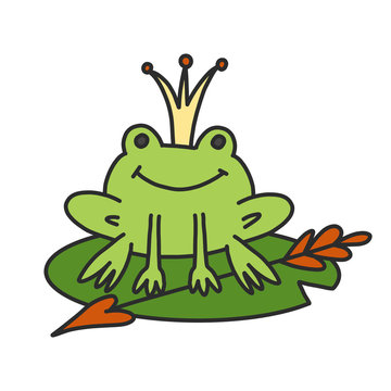 A green frog in a golden crown sits on a water lily and an arrow lies nearby. Russian folk tale Princess Frog. Vector illustration in cartoon style. Printing and design of children's products