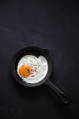 Egg in a frying pan on a black background