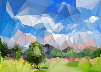826Illustration abstract image of landscape with tree and clouds on blue sky. Vector modern graphic design, geometric polygon pattern, colorful polygonal shape for background.