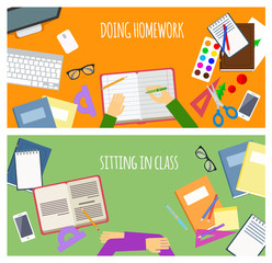 Web school flat banner doing homework and sitting in class. Vector illustration
