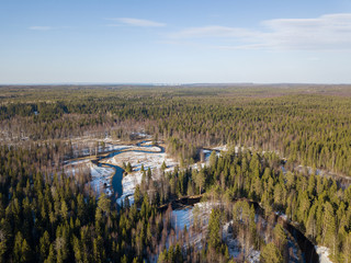 Aerial view on the small river in the forest in Karelia, northwest of Russia