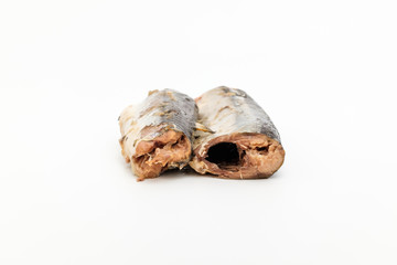 Canned saury on white background