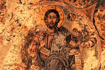 Fresco inside the Byzantine church of Ag. Theodoroi in Kambos Avias village, in the region of Mani...