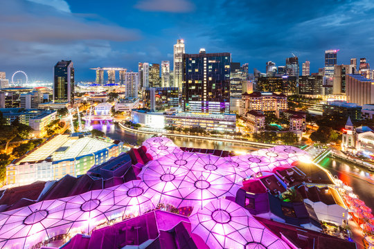 Colorful skyline at night, Clarke Quay, Singapore