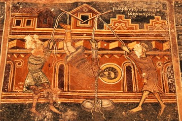 Fresco inside the Byzantine church of Ag. Theodoroi in Kambos Avias village, in the region of Mani...