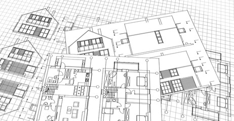 Fototapeta na wymiar house plan facades architectural sketch 3d illustration