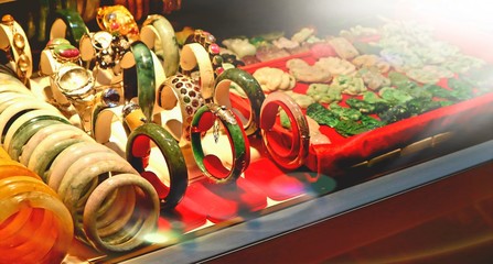 Various pieces of jewelry made of jade displayed at Jade Market, In Thailand.