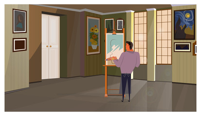 Fototapeta premium Male athletic artist painting on canvas illustration. Creative man working on picture and holding color palette in workshop. Occupation concept