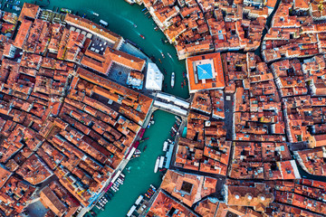 Aerial view of Rialto Bridge with city