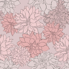 Vintage Floral seamlesson pink background with blooming dahlias. Vector floral illustration on black background.