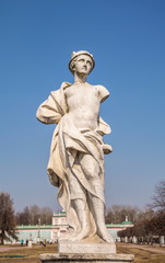 Ancient plaster copy of  ancient sculpture of Mercury (Hermes) in  park - obrazy, fototapety, plakaty
