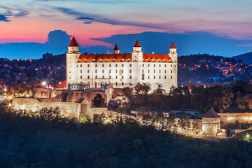 Fototapeta na wymiar Bratislava castle over Danube river after sunset in the Bratislava old town, Slovakia