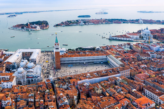Aerial drone view of St Mark's square and lagoon, Venice, Italy