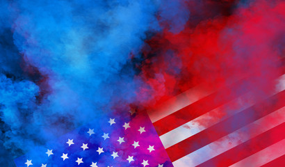 flag USA background design for independence, veterans, labor, memorial day. colorful smoke on black...