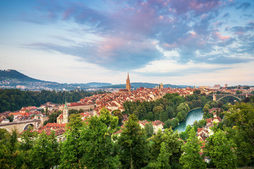 Fototapeta na wymiar Morning view on old town of Bern city at sunrise, capital of Switzerland