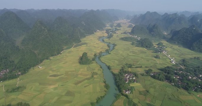 Aerial view of agriculture in rice fields for cultivation at Ngoc Con, Trung Khanh, Cao Bang, Vietnam. Natural the texture for background