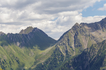 The mountainous landscape of the Dolomites in northern Italy. Registered as a UNESCO World Heritage Site the Dolomites are famous for their beautiful mountain scenes.