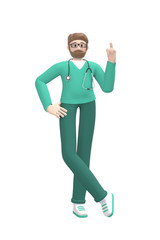 Medical character young white man doctor index finger up. The concept of attention, danger, is important. Cartoon person isolated on a white background. 3D rendering.