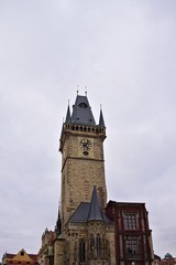 Prague, Czech Republic - 27 December 2019: the Old Town Hall Tower above the Astronomical Clock