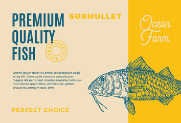 Premium Quality Surmullet. Abstract Vector Food Packaging Design or Label. Modern Typography and Hand Drawn Fish Sketch Silhouette Background Layout