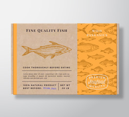 Fish Pattern Realistic Cardboard Container. Abstract Vector Seafood Packaging Design or Label. Modern Typography, Hand Drawn Pangasius Silhouette. Craft Paper Box Pattern Background Layout.