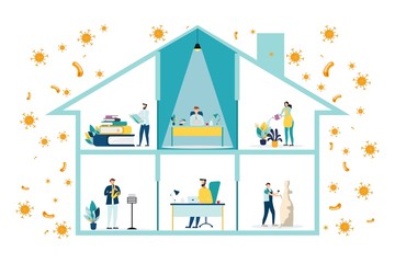 Self isolation concept. People working from home during Covid-19. All stay at home. Self-isolate from a pandemic. Remote work from home during Quarantine. Vector flat illustration